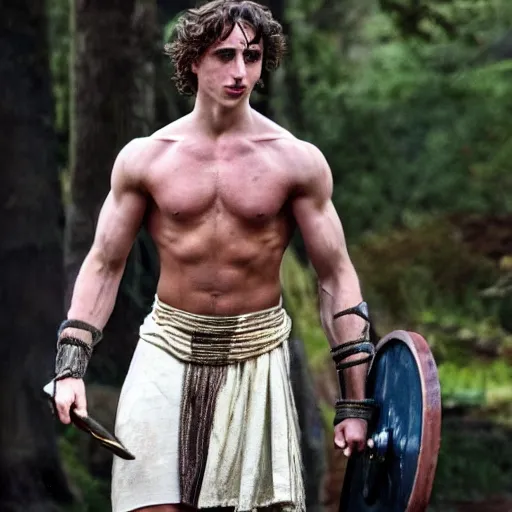 Image similar to first photos of 2 0 2 4 3 0 0 remake - muscular timothy chalamet as leonidas, put on 1 0 0 pounds of muscle, looks different, steroids, hgh, ( eos 5 ds r, iso 1 0 0, f / 8, 1 / 1 2 5, 8 4 mm, postprocessed, crisp face, facial features )