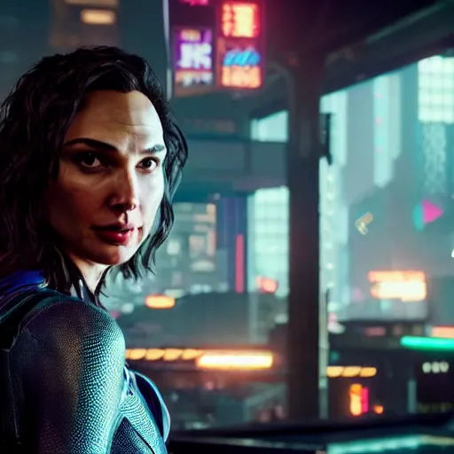 Image similar to a film portrait still of gal gadot as spider - man from cyberpunk 2 0 7 7 unreal engine. realism, cinematic lighting, highly detailed spider - man, 4 k. 8 mm. grainy. panavision.