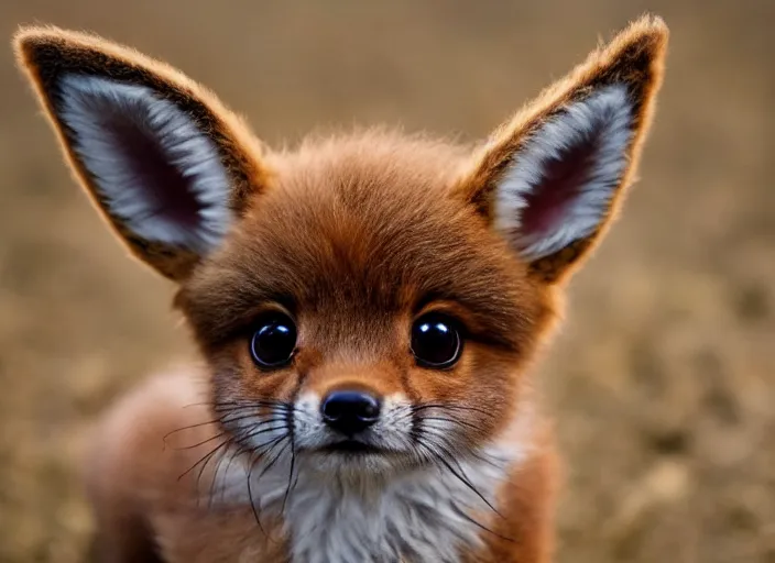 Prompt: a photo of a tiny real life light brown Eevee-fox hybrid, Pokemon, Eevee, brown fur, cute, detailed fur, natural light, symmetrical balance, rule of thirds