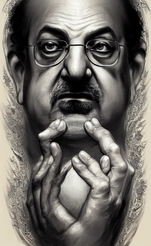 Image similar to portrait of salman rushdie, deep focus, d & d, fantasy, intricate, elegant, highly detailed, digital painting, artstation, concept art, matte, sharp focus, illustration, art by artgerm and greg rutkowski and alphonse mucha