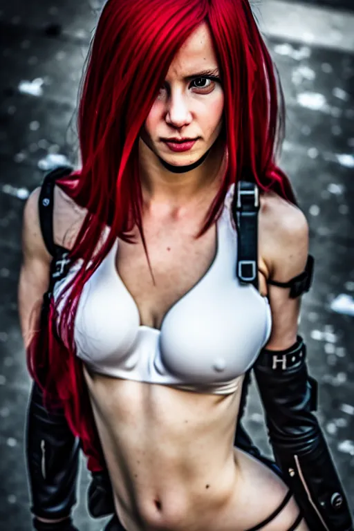 Image similar to Katarina from League of Legends, photorealistic full body, white ambient background, unreal engine 5, hyperrealistic, highly detailed, XF IQ4, 150MP, 50mm, F1.4, ISO 200, 1/160s, natural light, Adobe Lightroom, photolab, Affinity Photo, PhotoDirector 365, realistic