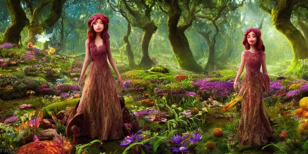 Image similar to beautiful fae queen walks through happy trippy fungal landscape, weta pixar 8 k detailed face