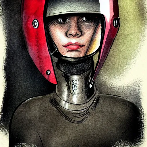 Prompt: portrait of girl wearing a helmet, in the style of enki bilal and dave mckean, isolated on white
