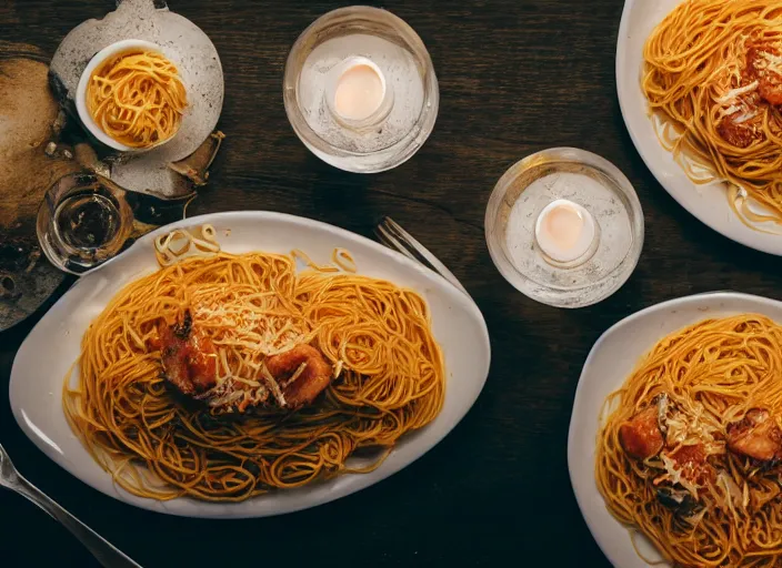 Image similar to photo of a hamster eating spaghetti, at night, candlelit restaurant table, various poses, unedited, soft light, centered, sharp focus, 8 k