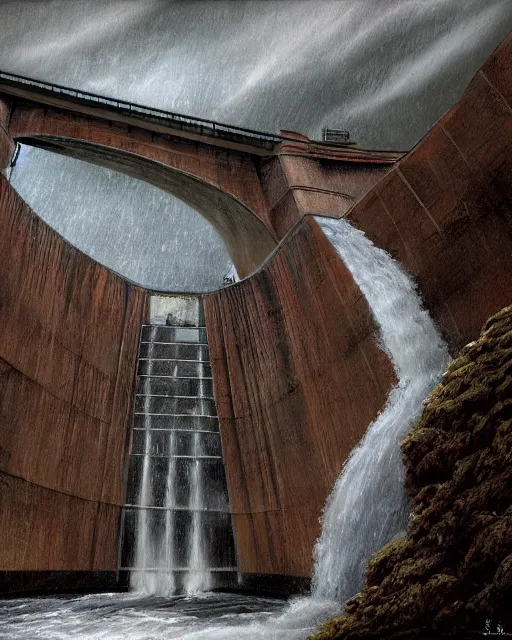 Prompt: illustration of the dam from the 2 0 0 0 s supernatural thriller'the overflow ', a high quality high detail painting by david mattingly and samuel araya and dave mckean and richard corben, hd 4 k 8 k, realistic hyperdetailed scene painting, photorealistic lighting, urban horror aesthetic, composition and scene layout inspired by gregory crewdson and joshua hoffne.