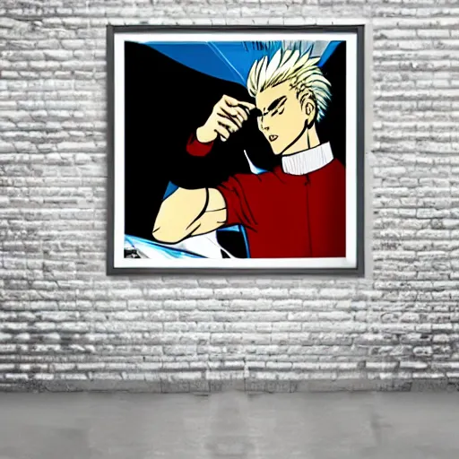 Image similar to Wall mural portrait of Vash the Stampede, urban art, pop art, artgerm, by Roy Lichtenstein