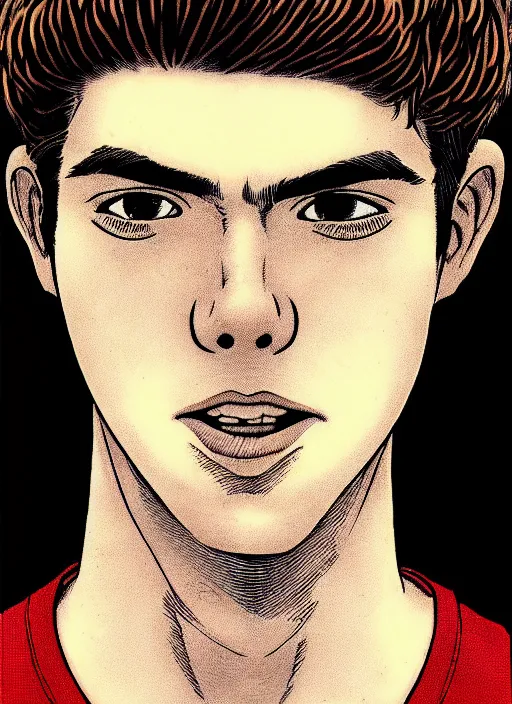 Image similar to portrait of teenage archie andrews, freckles, curly bangs, intricate, highly detailed, illustration, art by junji ito, junji ito