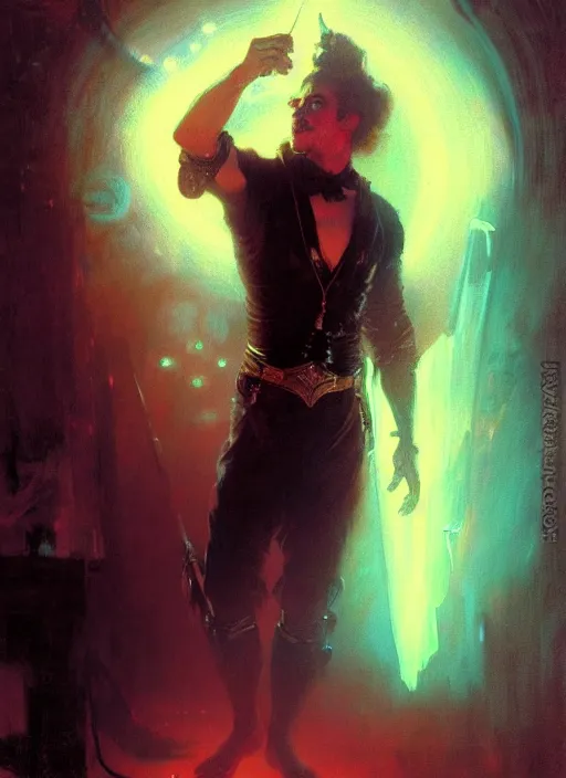 Image similar to illustration by gaston bussiere, gerome, craig mullins, greg rutkowski, john singer sargent. portrait of eddie munson joseph quinn. 8 0's neon retro. lights, glow, magical. dark background.