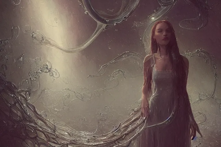 Prompt: art in the styles of greg rutkowski and thomas kinkade, Trending on artstation, a transparent, glass woman is being enveloped by wet alien tentacles as she floats above a cornfield, intricately detailed