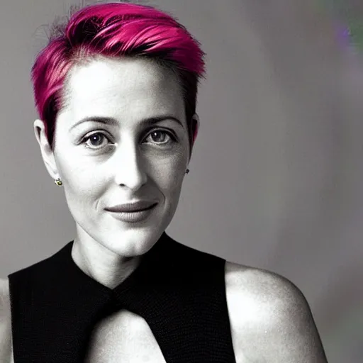 Image similar to photo of a gorgeous 20-year-old Gillian Anderson with pink pixie cut hairstyle by Mario Testino, detailed, head shot, award winning, Sony a7R -
