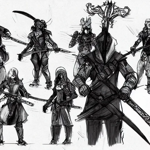 Image similar to a shotgun - toting union hunter and a noble, sword - wielding magical girl stand back to back against a wall while darkspawn creatures approach them. concept art storyboard sketch