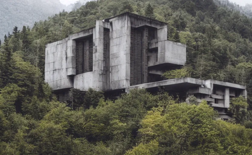 Prompt: Beautiful brutalist house of demon lord on a secluded mountain with trees around