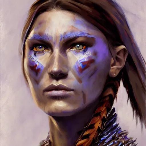 Prompt: painting of a shamanic warrior woman with blue eyes, native american, brown hair, and silver armor by jon foster, trending on artstation