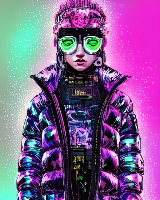 Image similar to detailed portrait Neon Operator Girl, cyberpunk futuristic neon, reflective puffer jacket, black leggings, decorated with traditional Japanese ornaments by Ismail inceoglu dragan bibin hans thoma !dream detailed portrait Neon Operator Girl, cyberpunk futuristic neon, reflective puffy coat, decorated with traditional Japanese ornaments by Ismail inceoglu dragan bibin hans thoma greg rutkowski Alexandros Pyromallis Nekro Rene Maritte Illustrated, Perfect face, fine details, realistic shaded, fine-face, pretty face