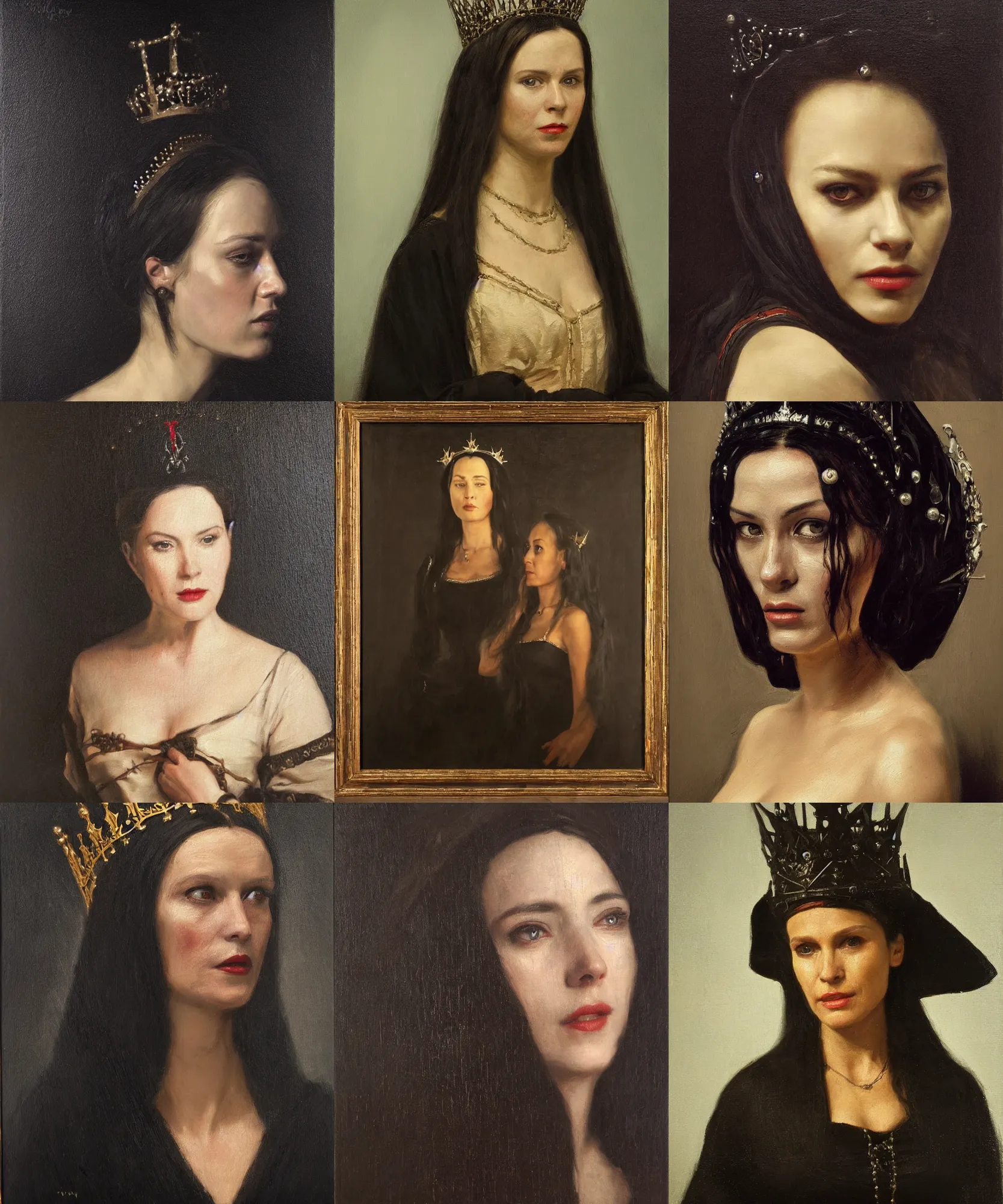 Prompt: (((((The portrait of Lady in black wax crown))))) by Otto van Veen !!!!!!, ((dark fantasy, witcher)), very detailed oil painting in the alla prima style, masterpiece, 8k