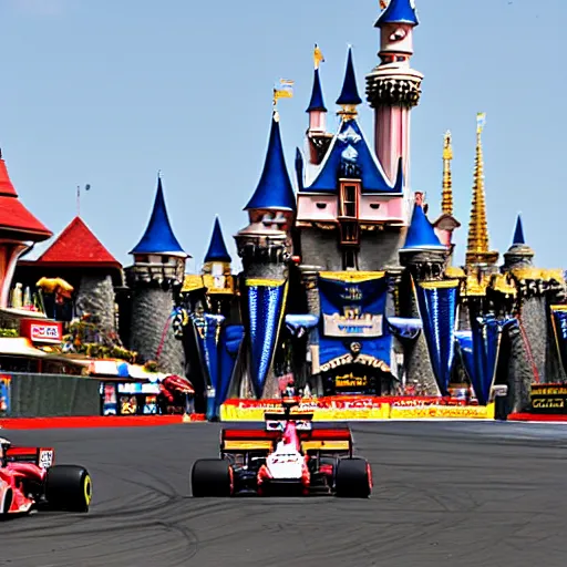 Prompt: formula 1 race in disneyland