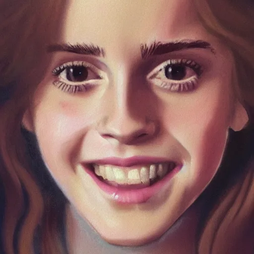 Image similar to Painting of Emma Watson as Hermione Granger. Smiling. Happy. Cheerful. Art by Vermeer. Extreme close up. Extremely detailed. Beautiful. 4K. Award winning.