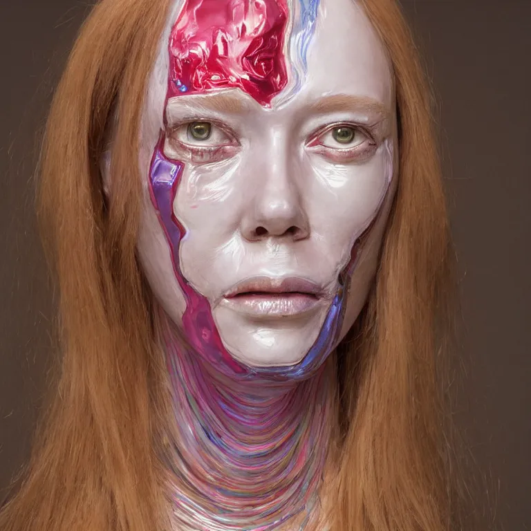 Prompt: studio photograph of colorful postmodern portrait sculpture of sissy spacek in carrie, beautiful symmetrical!! face accurate face detailed face realistic proportions, made of stained glass and silicone on a pedestal by ron mueck and matthew barney and greg rutkowski, hyperrealism cinematic lighting shocking detail 8 k