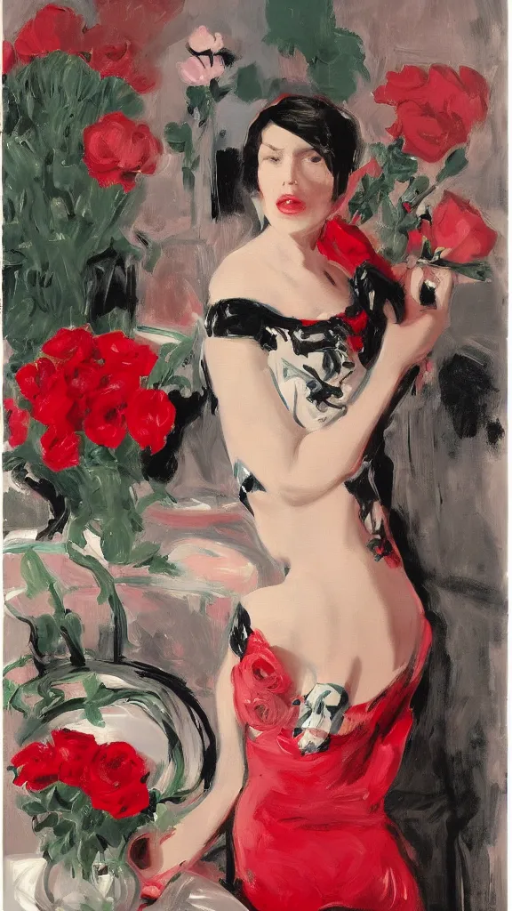 Image similar to portrait of rebekah delrio in david lynch pattern dress beside of a big persian detailed pot of red roses, blue and red lights painted by john singer sargent