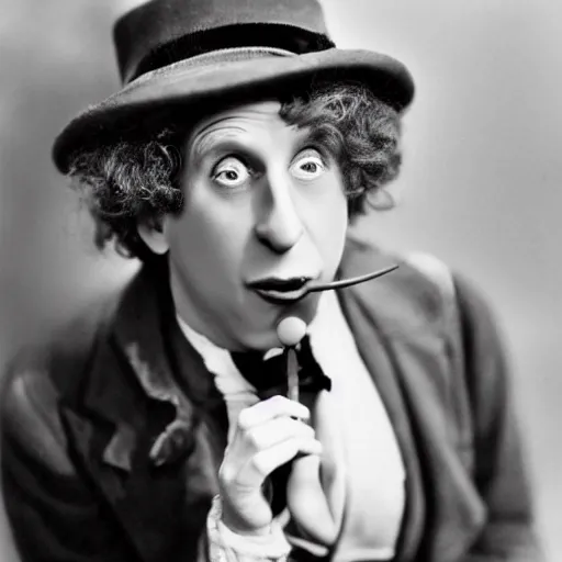 Prompt: Harpo Marx with a hat and a harmonica in his mouth, a black and white photo by Eugene Leroy, pinterest, american barbizon school, movie still, 1920s, criterion collection