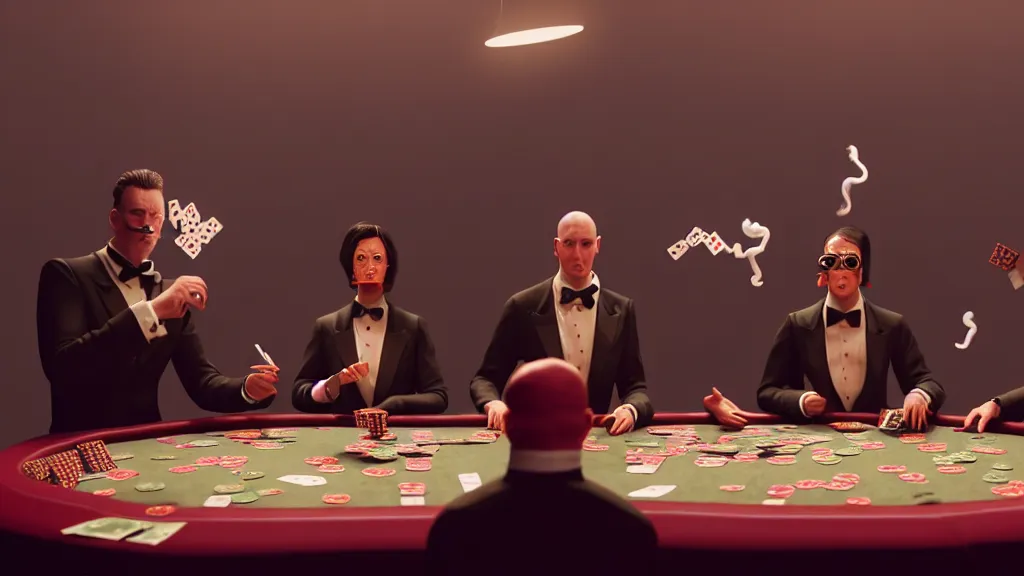 Image similar to hyperrealism simulation highly detailed human turtles'wearing detailed tuxedos and smoking, playing poker in sitcom scene from cyberpunk movie from future by wes anderson and denis villeneuve and mike winkelmann rendered in blender and octane render