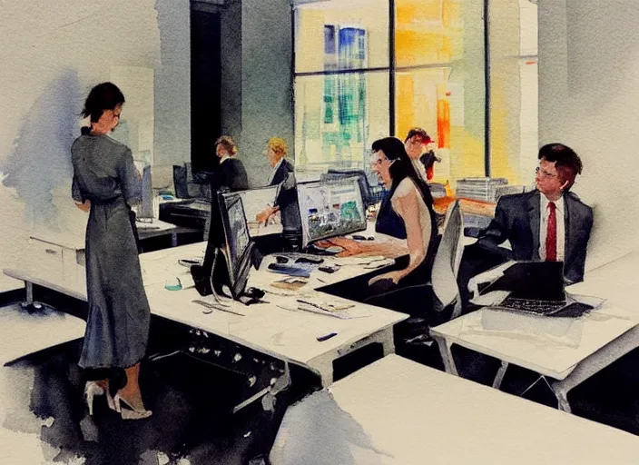 Prompt: concept art of a modern office life, pinterest, artstation trending, behance, watercolor, by coby whitmore *, silver, laser light *,