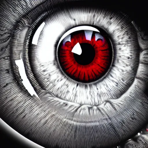 Image similar to a detailed extremely close up of inside the iris, cornea, red image, microscopic, extremely close up drawing by junji ito, cgsociety, generative art, lovecraftian, parallax, cosmic horror, extremely detailed, hyperrealism, unreal engine, octane render, award winning, masterpiece, highly detailed, realistic, 4 k, digital