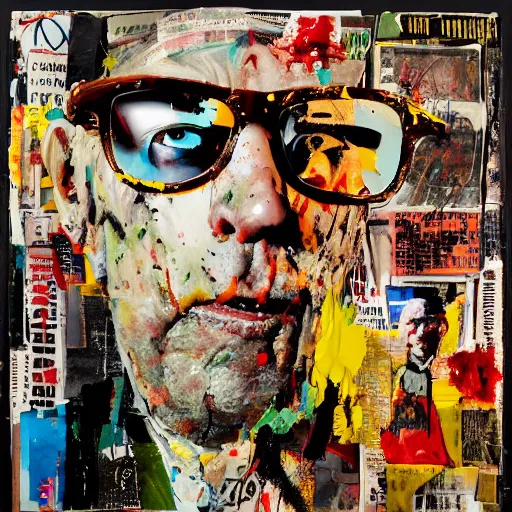 Image similar to hyperrealistic, photorealistic, mixed media oil painting of hunter s. thompson, magazine scraps, plaster, blood, oil, mustard, splatter, greg rutkowski, basquiat, ralph steadman, wesley kimler