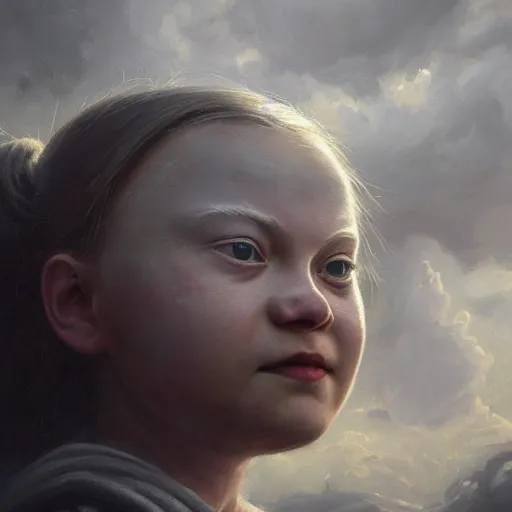 Image similar to abstract painting of giant Greta Thunberg smiling evil emperor of the world emerging in dark clouds, noxious, cosmic horror, evil, dangerous, trending on ArtStation, masterpiece, by Greg Rutkowski, by Ross Tran, by Fenghua Zhong, octane, lightbeam eyes, soft render, clear facial features, oil on canvas, moody lighting, cinematic, professional environment concept art