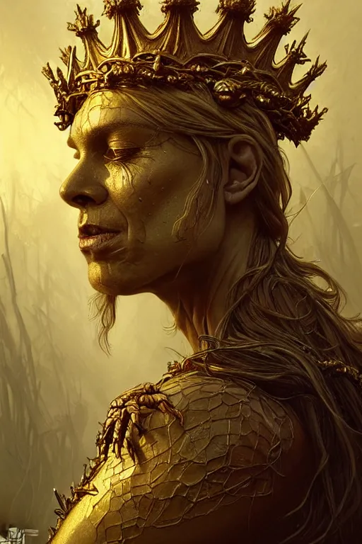 Image similar to Portrait of swamp monster with a golden crown on its head, D&D, face, fantasy, intricate, elegant, highly detailed, digital painting, artstation, concept art, smooth, sharp focus, illustration, art by artgerm and greg rutkowski and alphonse mucha