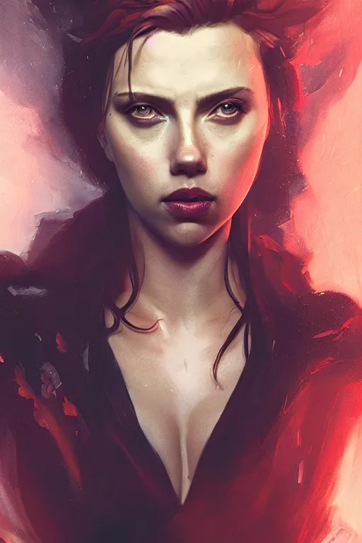 Image similar to a portrait of a very attractive succubi Scarlett Johansson by Greg Rutkowski, Sung Choi, Mitchell Mohrhauser, Maciej Kuciara, Johnson Ting, Maxim Verehin, Peter Konig, final fantasy , mythical, 8k photorealistic, cinematic lighting, HD, high details, atmospheric,