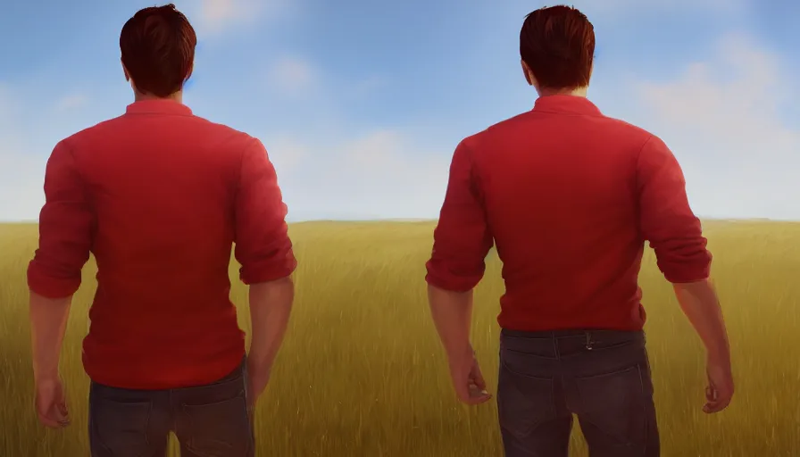 Image similar to back view of a man with red shirt and brown hair looking the sun in the field, wood on the left, houses on the right, hyperdetailed, artstation, cgsociety, 8 k