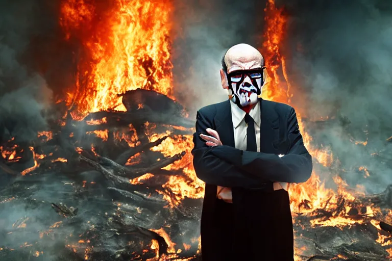 Prompt: Rupert Murdoch wearing glasses (and makeup like The Joker), standing in hell surrounded by fire and huge flames and bones and brimstone, brilliant colors, color photo, portrait photography, depth of field, bokeh