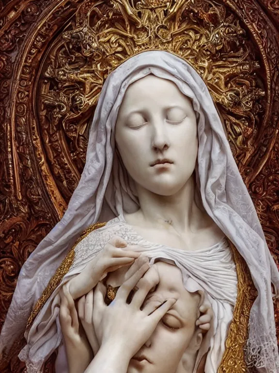 Image similar to a beautiful render of baroque catholic veiled sculpture, the red queen pieta the white queen, with symmetry intricate detailed,by LEdmund Leighton, peter gric,aaron horkey,Billelis,trending on pinterest,hyperreal,jewelry,gold,intricate,maximalist,glittering,golden ratio,cinematic lighting