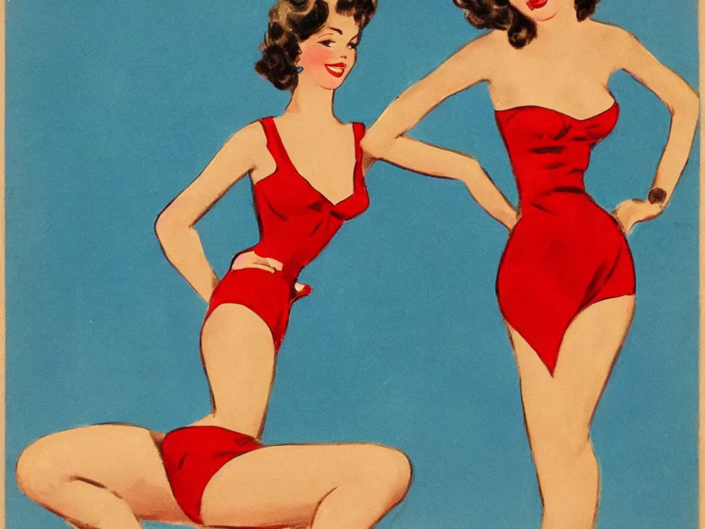 Image similar to 1950s vintage art of a beautiful model with dark curly hair and round blue eyes in a red swimsuit, high quality, highly detailed, vintage art, 1950s, vivid