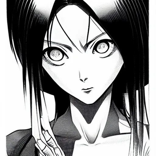 Image similar to alita by yukito kishiro. medium shot. black and white manga. pencil drawing.