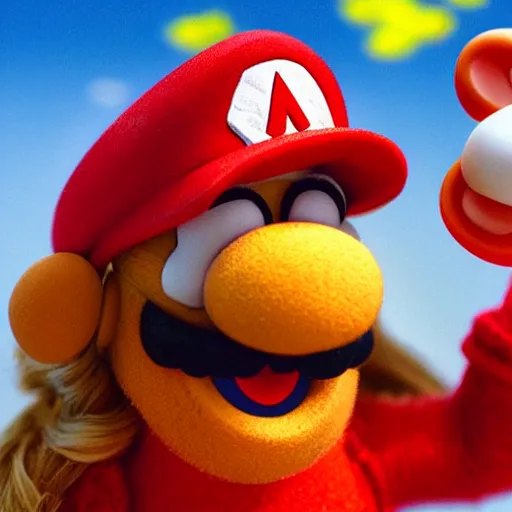 Prompt: A still of Mario as a muppet, photo real, photographic, photograph, artstation, trending