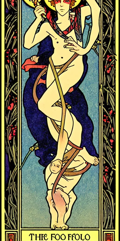 Image similar to the fool, rider - waite tarot card with an art deco boarder, high quality, digital painting, by studio ghibli and tammara de lempika and alphonse mucha