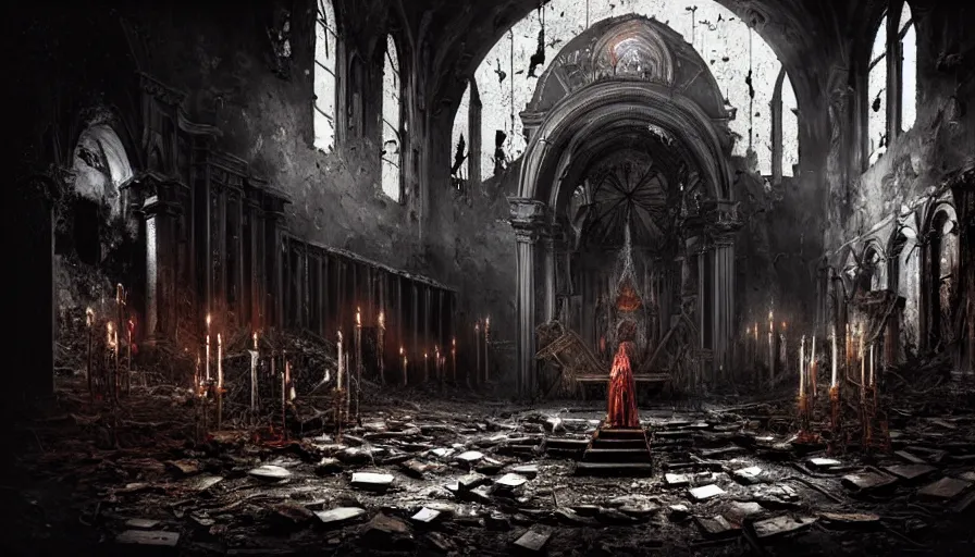 Prompt: concept art, a dark priest conducts a ceremony in the middle of a destroyed church, blood, religion, death, fear, horror, ultra realistic, hyperrealism, detailed and intricate environment, by giger, by marc simonettii, polaroid, bokeh, 4 k