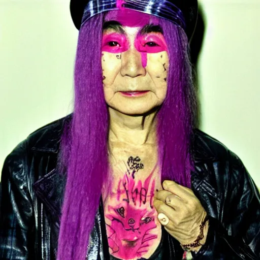 Image similar to photo of yoko ono in 1 9 7 4 with dyed purple hair, face tattoos, and face peircings