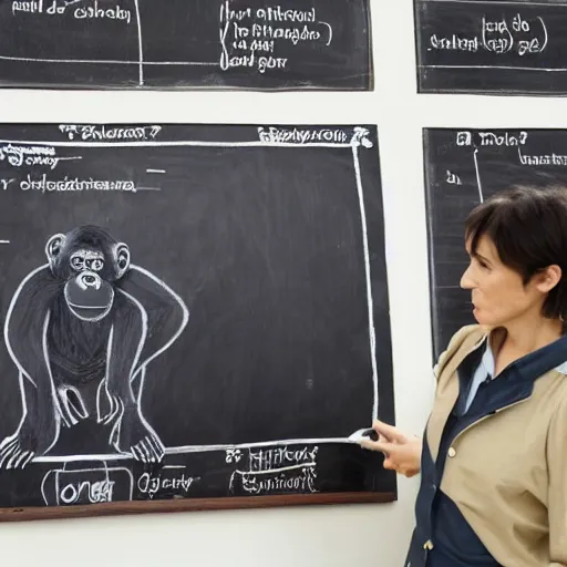 Image similar to chimpanzee scientist lecturer teaching evolution standing in front of a blackboard in a university