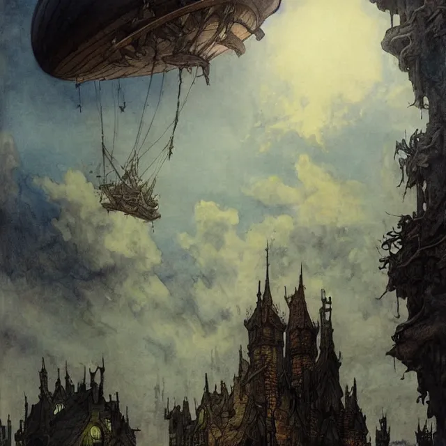 Image similar to Fantasy village, the inhabitant looking up at the sky. The sky is completely covered to the horizon by an incredibly huge airship-like ship. Extremely high detail, realistic, dark fantasy art, masterpiece, 8k, octane rendering, Arthur Rackham painting, art by Victoria Frances, Frank Frazetta.