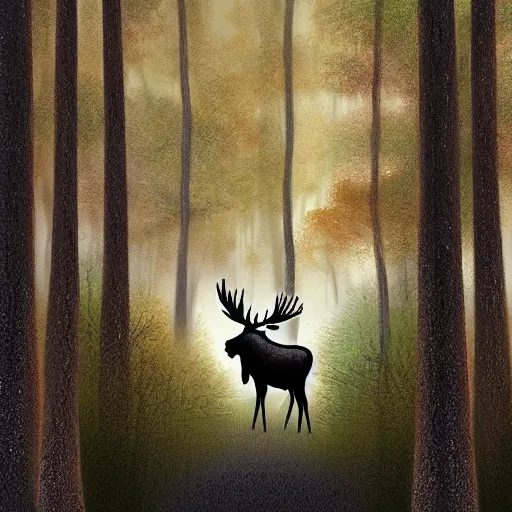 Prompt: A moose in a foggy forest, digital painting