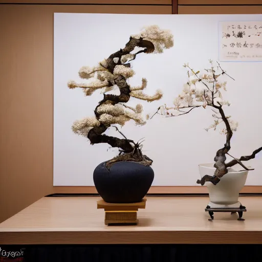 Image similar to a photo of 8k japanese Ikebana, sougetsu, wide angle, full body, sony a7r3, ultra detail, photorealistic, in simple background
