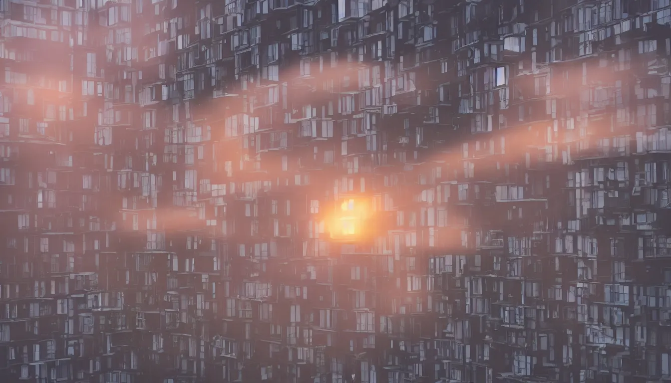 Image similar to Spying into the windows of a small tower block from outside , windows full of the private lives of the human inhabitants, volumetric lighting shines through the misty sunset sky , full color , 4K