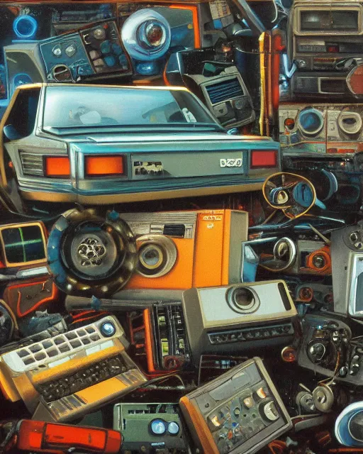 Prompt: a junkyard for 8 0 s era technology, vintage shapes, retro technology, vintage color, 1 9 8 0 s tech, classic color scheme wayne barlow, oil on canvas, deep depth of field, masterpiece, cinematic composition, hyperdetailed