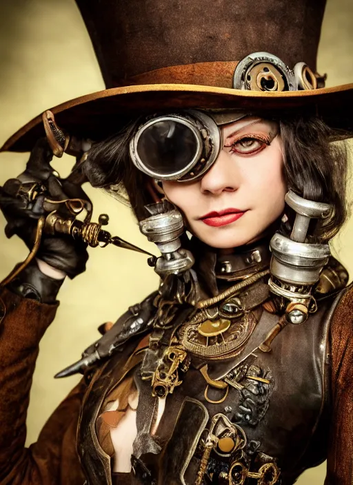 Image similar to closeup portrait of a female steampunk medieval goblin wearing a top hat and goggles, depth of field, zeiss lens, detailed, symmetrical, centered, fashion photoshoot, by Annie Leibovitz and Steve McCurry, David Lazar, Jimmy Nelsson, Breathtaking, 8k resolution, extremely detailed, beautiful, establishing shot, artistic, hyperrealistic, beautiful face, octane render