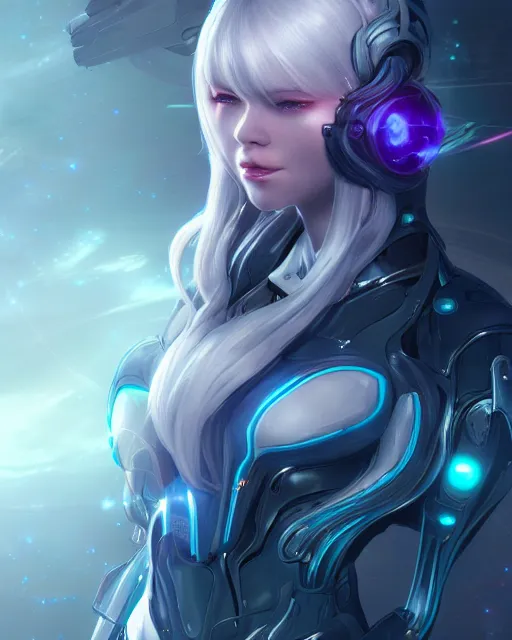 Image similar to perfect android girl on a mothership, warframe armor, beautiful face, scifi, futuristic, galaxy, nebula, raytracing, dreamy, long white hair, blue cyborg eyes, sharp focus, cinematic lighting, highly detailed, artstation, divine, by gauthier leblanc, kazuya takahashi, huifeng huang