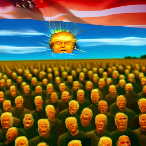 Image similar to donald trump as the sun looking over a field, millions of screaming karens. digital painting, high detail, 8 k, film still