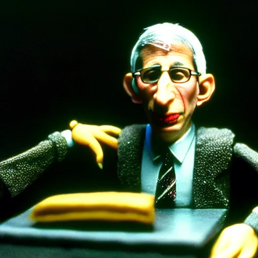 Image similar to claymation anthony fauci by klaus schwab, hyperrealistic, very detailed, tim burton, 3 5 mm film still, gothic, horror, eldritch